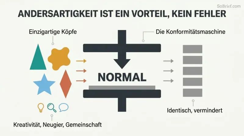 Colorful unique shapes pass through a conformity press labeled NORMAL and emerge as identical gray rectangles, showing how the push for normalcy flattens individuality.
