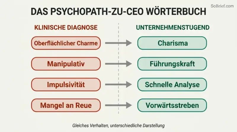 Split two-column diagram translating four psychopathy traits on the left into their corporate virtue rebrandings on the right, connected by arrows.