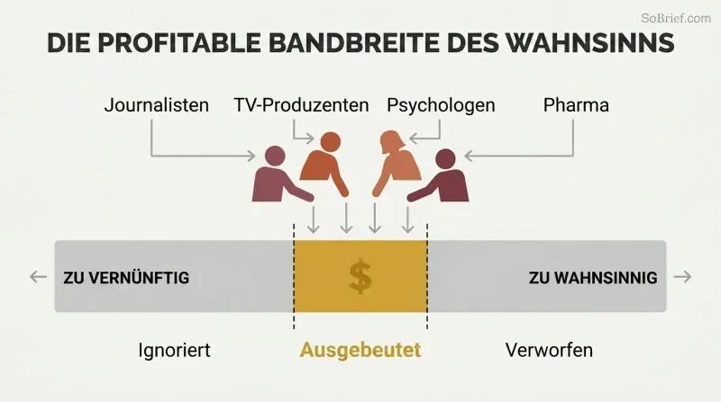 Horizontal spectrum from sane to extreme with a narrow highlighted center zone where industry actors profit, while edges are grayed out and labeled as ignored or discarded.