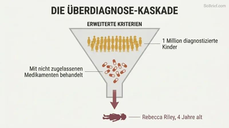 Descending funnel showing broadened diagnostic criteria narrowing through one million diagnoses and mass medication down to a single harmed child figure.