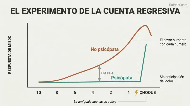 Two fear-response curves over a countdown from ten to one, showing a steadily rising line for non-psychopaths and a flat line for psychopaths that spikes only at the moment of shock.