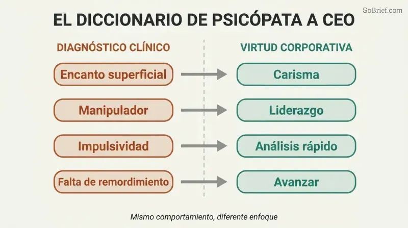 Split two-column diagram translating four psychopathy traits on the left into their corporate virtue rebrandings on the right, connected by arrows.