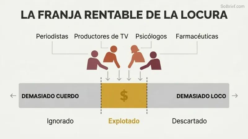 Horizontal spectrum from sane to extreme with a narrow highlighted center zone where industry actors profit, while edges are grayed out and labeled as ignored or discarded.