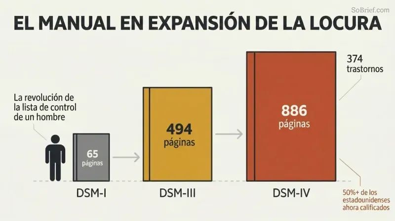 Three progressively larger book shapes representing DSM editions growing from 65 pages to 886 pages, dwarfing a single human silhouette.