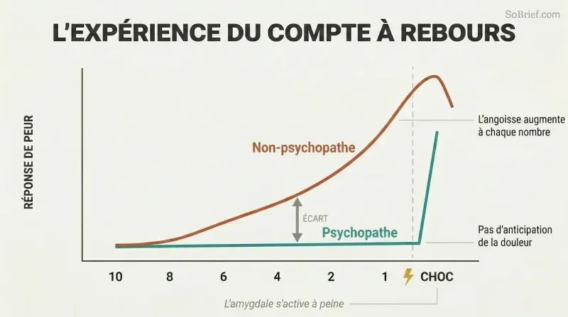 Two fear-response curves over a countdown from ten to one, showing a steadily rising line for non-psychopaths and a flat line for psychopaths that spikes only at the moment of shock.