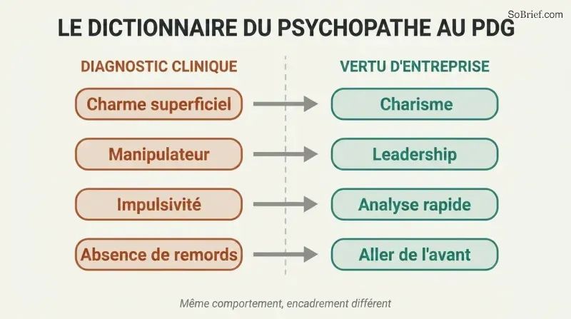 Split two-column diagram translating four psychopathy traits on the left into their corporate virtue rebrandings on the right, connected by arrows.