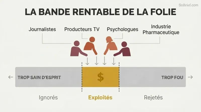 Horizontal spectrum from sane to extreme with a narrow highlighted center zone where industry actors profit, while edges are grayed out and labeled as ignored or discarded.