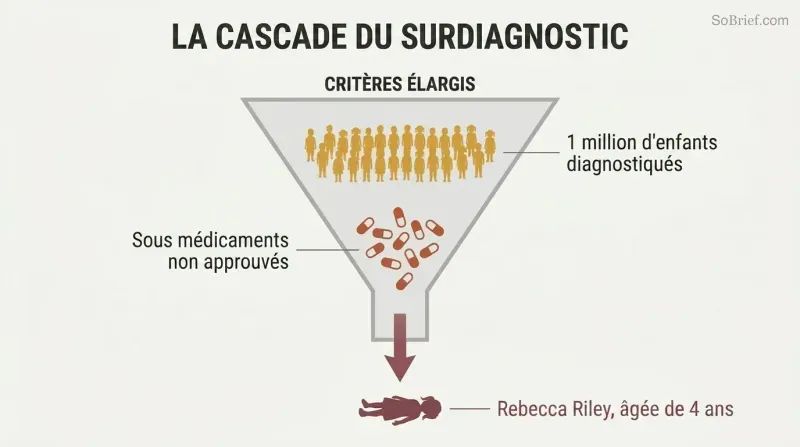 Descending funnel showing broadened diagnostic criteria narrowing through one million diagnoses and mass medication down to a single harmed child figure.