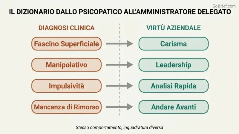 Split two-column diagram translating four psychopathy traits on the left into their corporate virtue rebrandings on the right, connected by arrows.