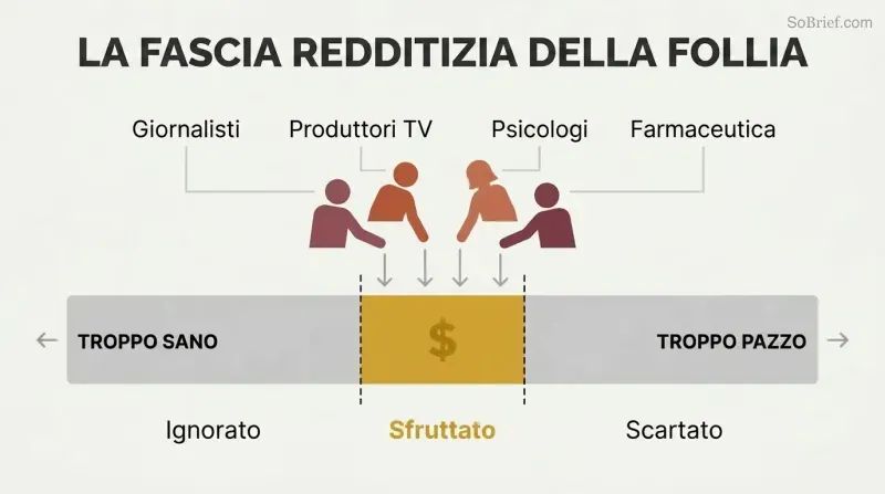 Horizontal spectrum from sane to extreme with a narrow highlighted center zone where industry actors profit, while edges are grayed out and labeled as ignored or discarded.