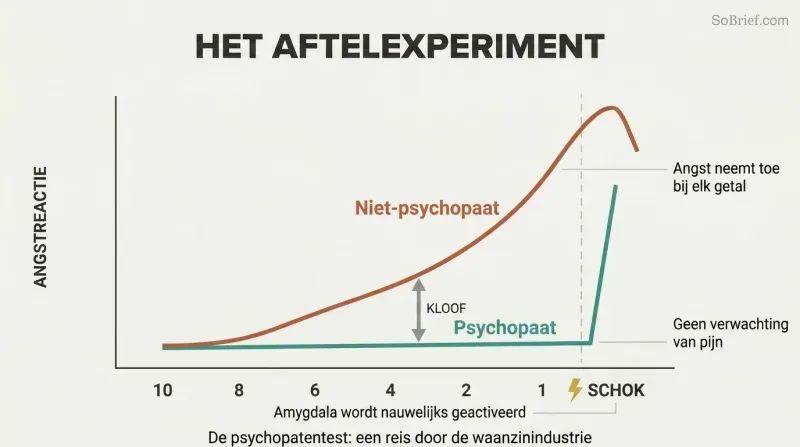 Two fear-response curves over a countdown from ten to one, showing a steadily rising line for non-psychopaths and a flat line for psychopaths that spikes only at the moment of shock.