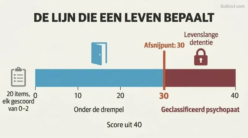 Horizontal score bar from zero to forty split by a sharp threshold line at thirty, with freedom depicted on the left and lifelong detention on the right.