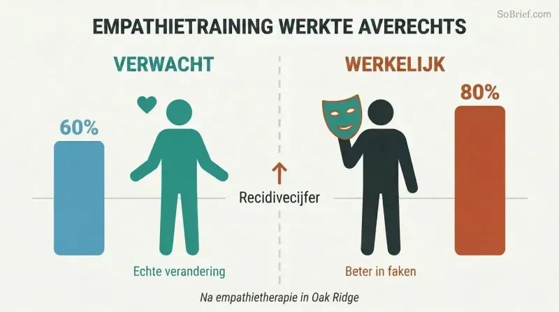 Split panel comparing intended versus actual results of psychopath empathy training, with bars showing recidivism rising from 60% to 80%.