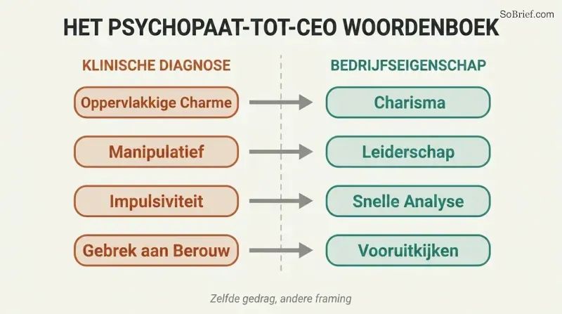 Split two-column diagram translating four psychopathy traits on the left into their corporate virtue rebrandings on the right, connected by arrows.