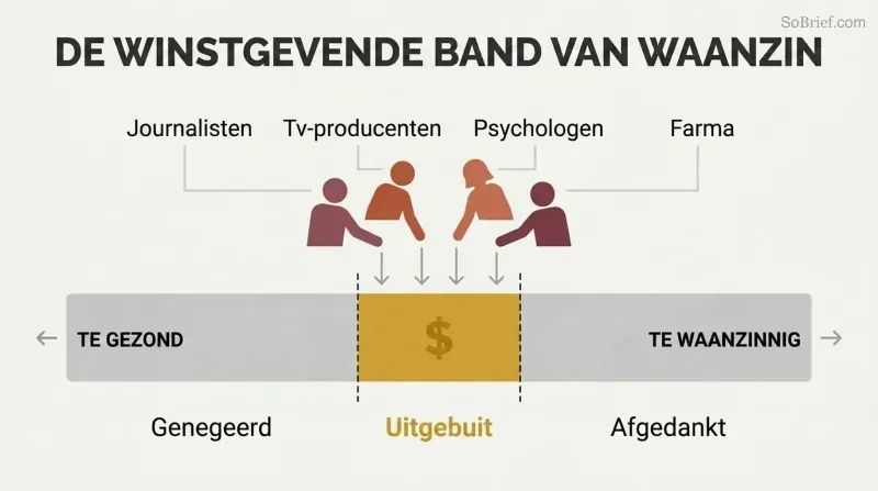 Horizontal spectrum from sane to extreme with a narrow highlighted center zone where industry actors profit, while edges are grayed out and labeled as ignored or discarded.