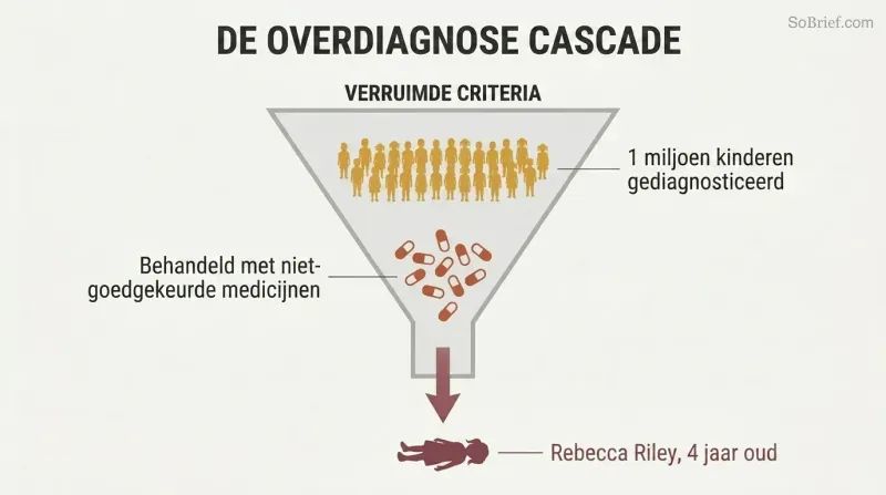 Descending funnel showing broadened diagnostic criteria narrowing through one million diagnoses and mass medication down to a single harmed child figure.