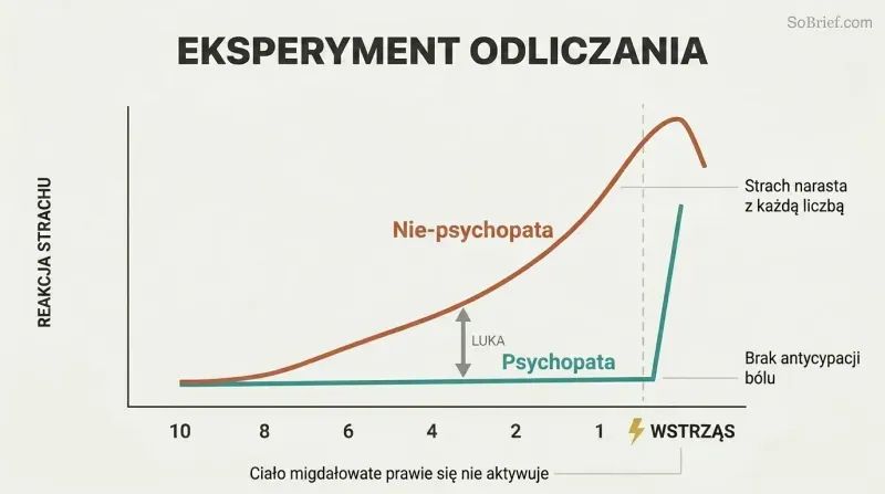 Two fear-response curves over a countdown from ten to one, showing a steadily rising line for non-psychopaths and a flat line for psychopaths that spikes only at the moment of shock.
