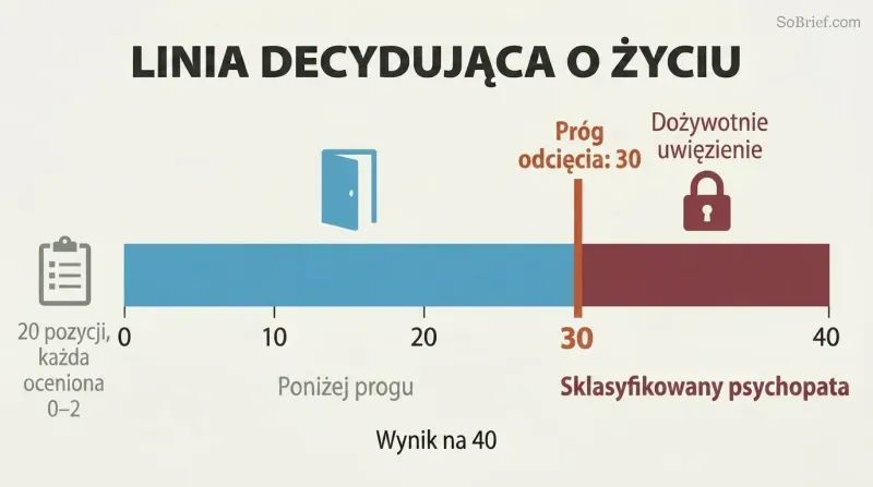 Horizontal score bar from zero to forty split by a sharp threshold line at thirty, with freedom depicted on the left and lifelong detention on the right.