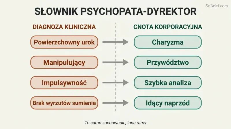Split two-column diagram translating four psychopathy traits on the left into their corporate virtue rebrandings on the right, connected by arrows.