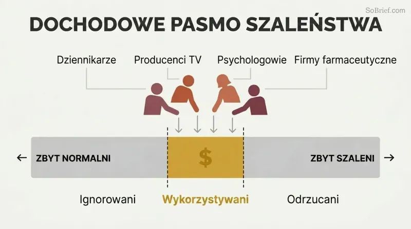 Horizontal spectrum from sane to extreme with a narrow highlighted center zone where industry actors profit, while edges are grayed out and labeled as ignored or discarded.