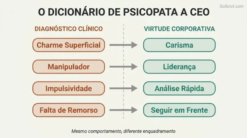 Split two-column diagram translating four psychopathy traits on the left into their corporate virtue rebrandings on the right, connected by arrows.
