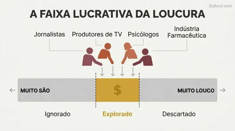 Horizontal spectrum from sane to extreme with a narrow highlighted center zone where industry actors profit, while edges are grayed out and labeled as ignored or discarded.