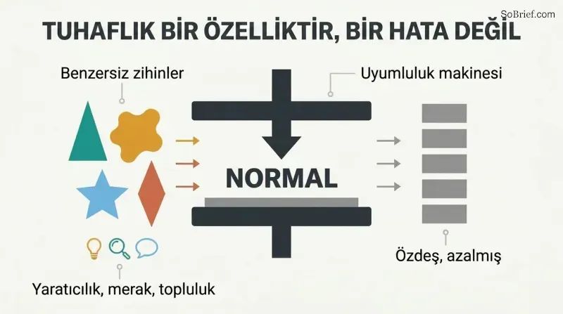 Colorful unique shapes pass through a conformity press labeled NORMAL and emerge as identical gray rectangles, showing how the push for normalcy flattens individuality.