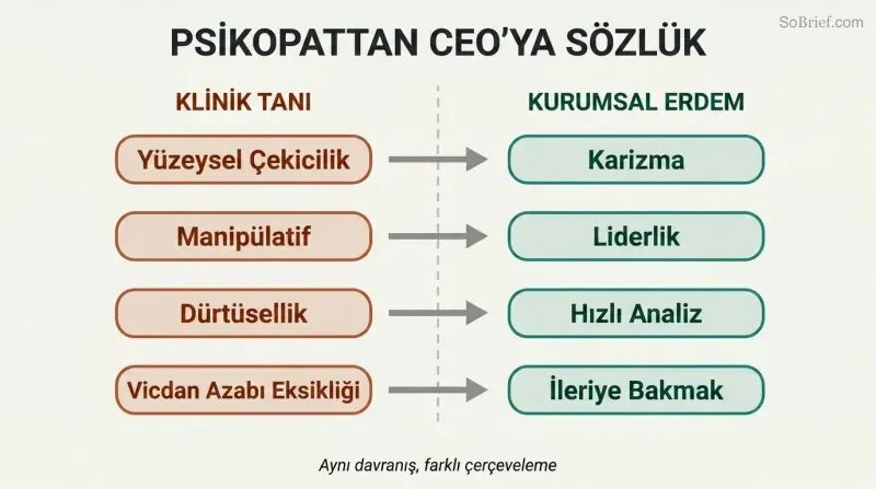 Split two-column diagram translating four psychopathy traits on the left into their corporate virtue rebrandings on the right, connected by arrows.