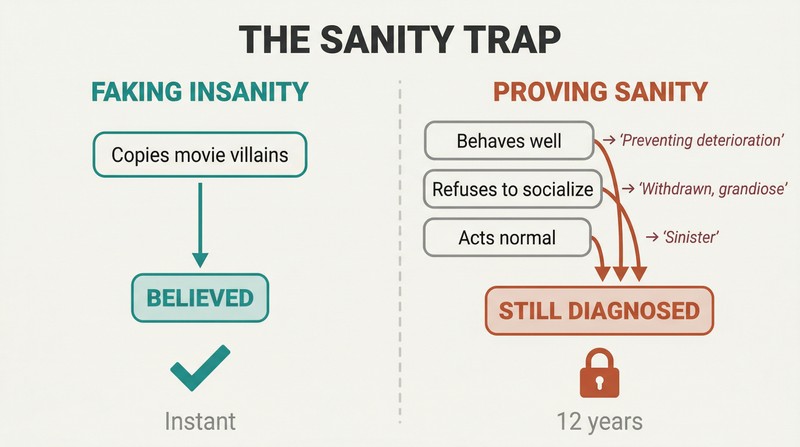Split panel comparing one easy arrow for faking insanity against three different sane behaviors all funneling into the same psychiatric diagnosis.