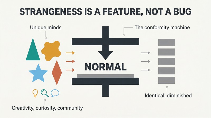 Colorful unique shapes pass through a conformity press labeled NORMAL and emerge as identical gray rectangles, showing how the push for normalcy flattens individuality.