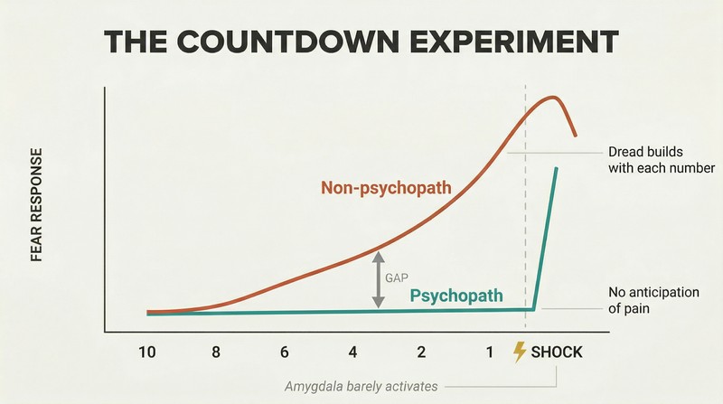 Two fear-response curves over a countdown from ten to one, showing a steadily rising line for non-psychopaths and a flat line for psychopaths that spikes only at the moment of shock.