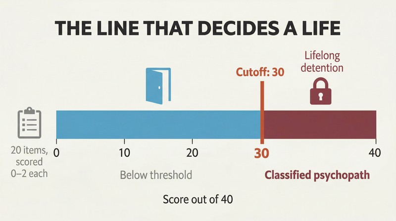 Horizontal score bar from zero to forty split by a sharp threshold line at thirty, with freedom depicted on the left and lifelong detention on the right.