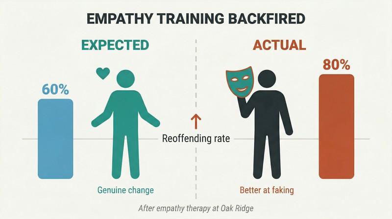 Split panel comparing intended versus actual results of psychopath empathy training, with bars showing recidivism rising from 60% to 80%.