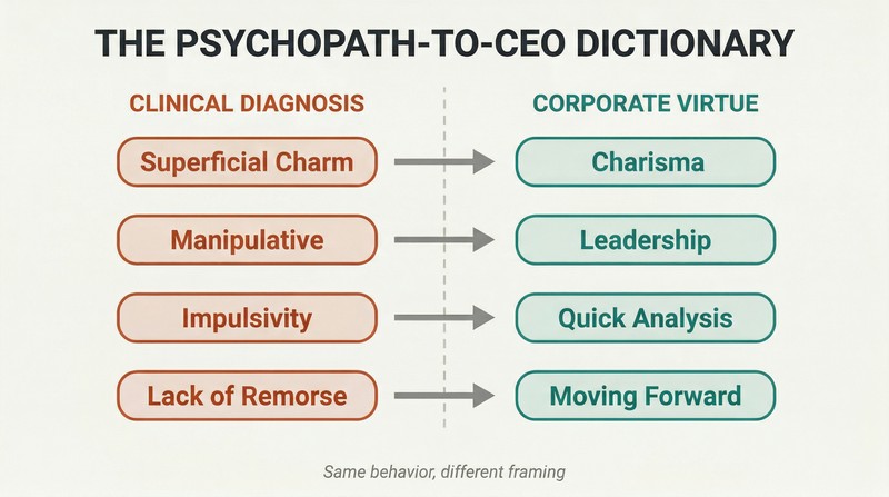 Split two-column diagram translating four psychopathy traits on the left into their corporate virtue rebrandings on the right, connected by arrows.