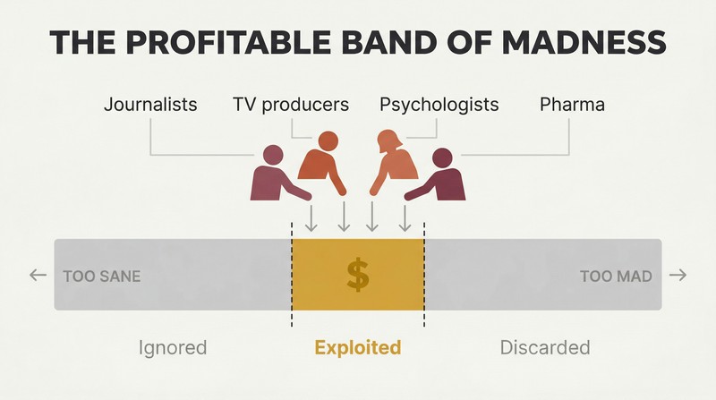 Horizontal spectrum from sane to extreme with a narrow highlighted center zone where industry actors profit, while edges are grayed out and labeled as ignored or discarded.