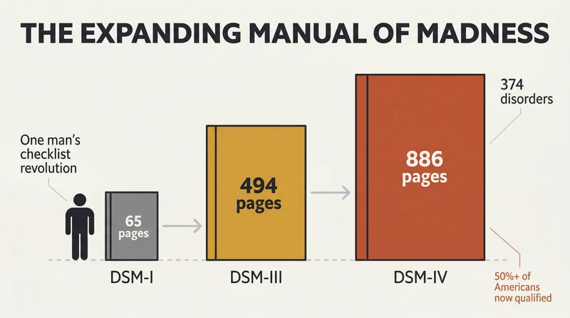 Three progressively larger book shapes representing DSM editions growing from 65 pages to 886 pages, dwarfing a single human silhouette.
