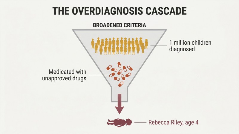Descending funnel showing broadened diagnostic criteria narrowing through one million diagnoses and mass medication down to a single harmed child figure.
