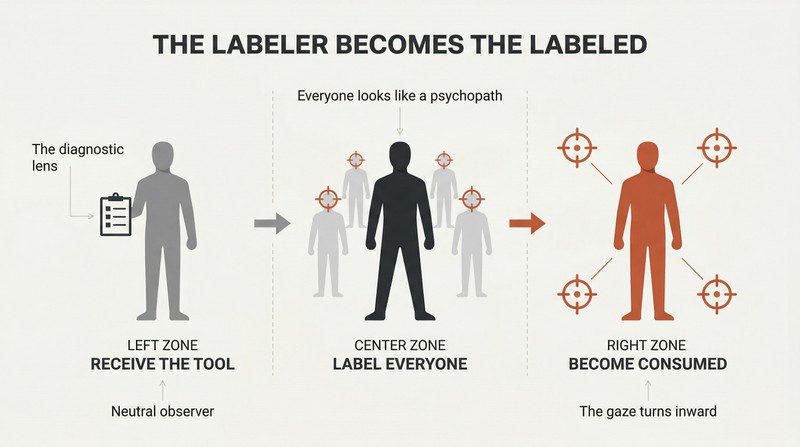 Three-stage progression showing a figure who receives a diagnostic checklist, then labels everyone around them, then becomes consumed by the same labels turning inward.