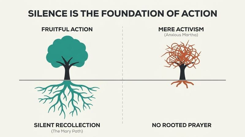 Split diagram comparing a deep-rooted tree representing silent recollection leading to fruitful action with a rootless, withered tree representing action without prayer collapsing into mere activism.