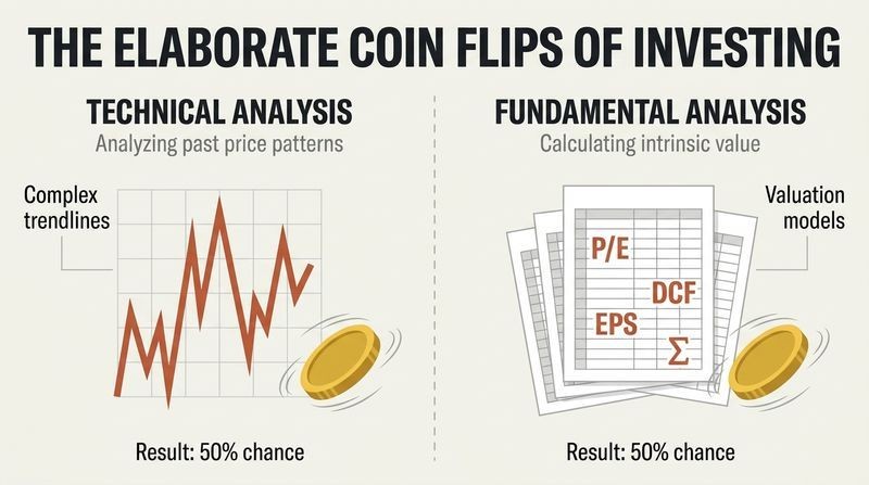 Split diagram showing technical analysis charts on the left and fundamental analysis ledgers on the right, both ending in a spinning gold coin to show they are equally random.