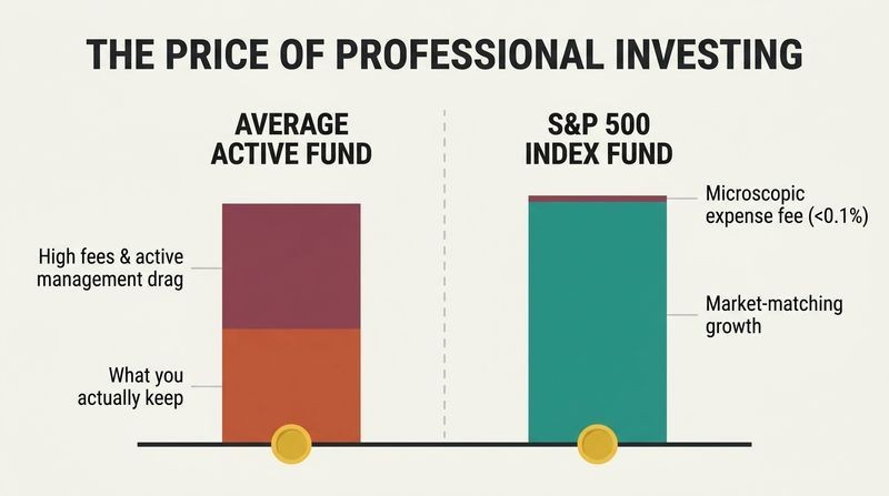 Split bar chart showing how high fees and active management drain investor returns compared to low-cost passive index funds.