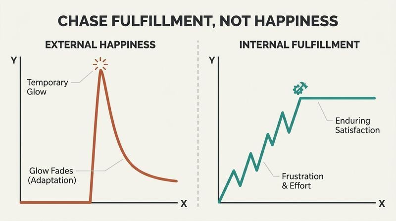 Split graph comparing the temporary spike of externally triggered happiness with the hard-earned, persistent plateau of self-generated fulfillment.