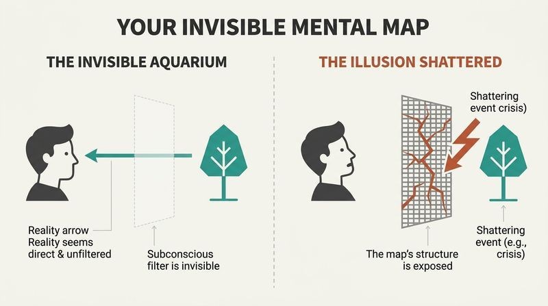 Split panel diagram illustrating how our subconscious mental map seamlessly filters reality until a crisis shatters the illusion and reveals the map as a construct.