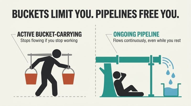 Split-screen diagram contrasting active bucket carrying that requires constant manual labor with an automated pipeline that flows continuously while the builder rests.