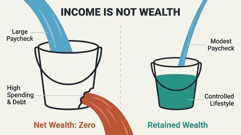 Split-panel diagram contrasting a large, leaky bucket representing high income with high spending against a smaller, intact bucket representing modest income with high savings.