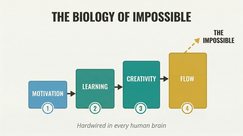 Four ascending blocks labeled Motivation, Learning, Creativity, and Flow form a staircase rising toward The Impossible, showing the sequential biological formula for peak performance.