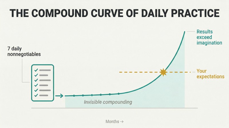 Exponential growth curve rising from a small daily checklist, staying flat through an invisible compounding phase then shooting past a dashed expectation line into extraordinary results.