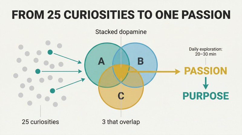 Scattered dots converge into three overlapping circles whose gold intersection ignites a sequential chain from passion to purpose.