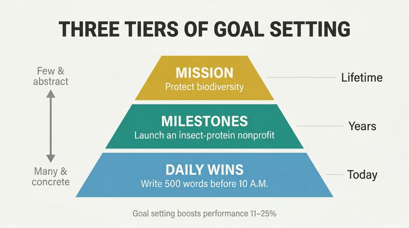 Three-tier pyramid showing a single lifetime mission at top, multi-year milestones in the middle, and many daily wins forming the wide base.