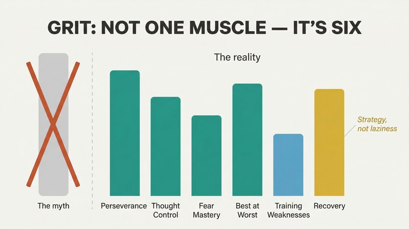 Six vertical bars at different heights each representing a distinct grit skill, contrasted with a single crossed-out bar showing the myth of grit as one trait.